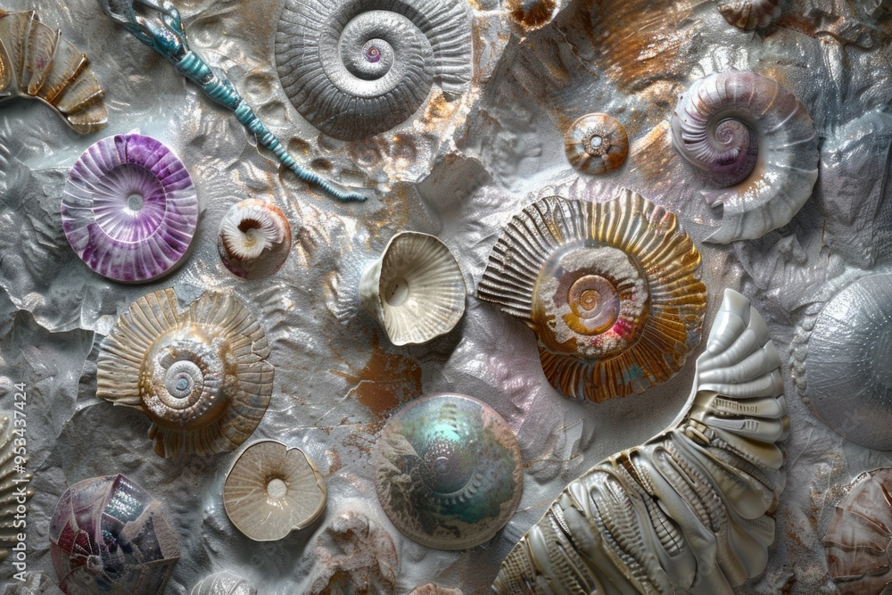 Poster macro photo of shells arranged on a table surface