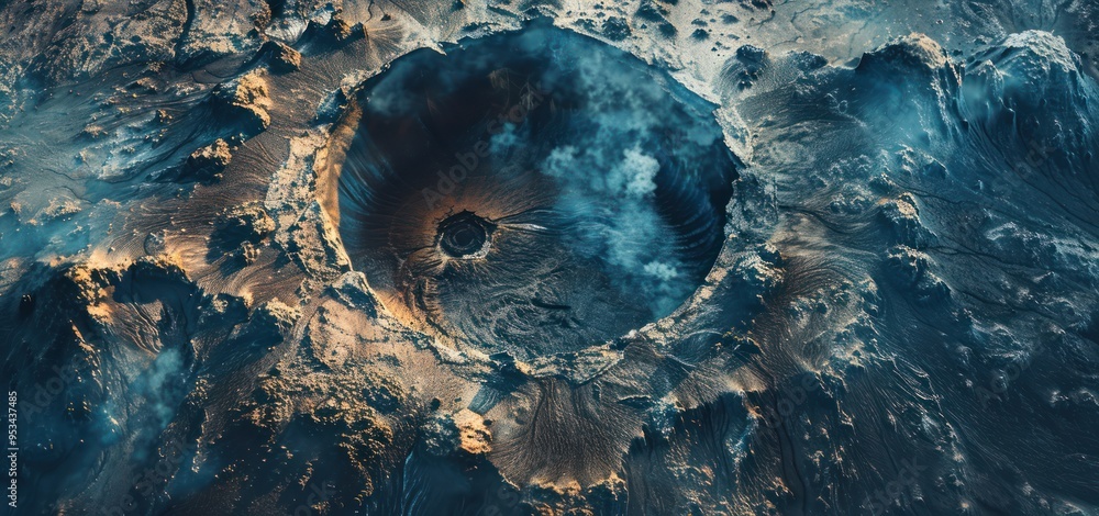 Sticker Aerial View of a Volcanic Crater with Smoke