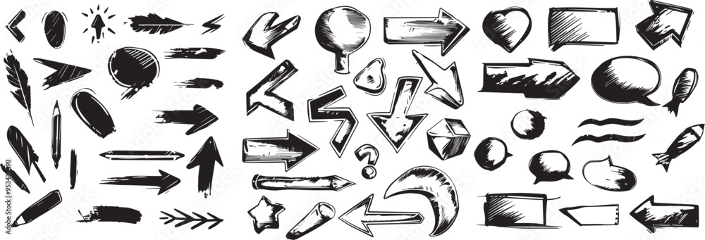 Poster collection of hand drawn charcoal doodle arrows shapes and symbols design elements showcasing unique
