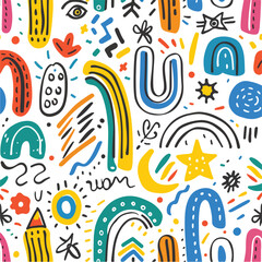 Colorful hand drawn charcoal doodle scribble seamless pattern abstract shapes on a white ideal for fabric textile wrapping paper wallpaper and web design applications