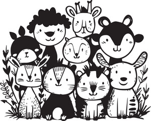 Charming charcoal doodle illustration a lion elephant giraffe deer and rabbit in a cute animal group design perfect for nursery decor apparel designs and baby shower invitations