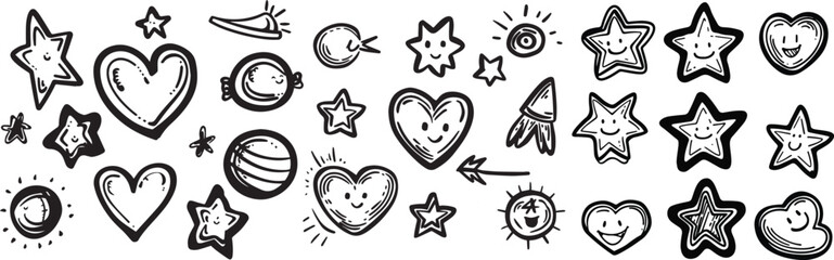 Charcoal Doodle Scribble Hand Drawn Illustration Set Stars Hearts Sun Moon and Rocket in Ideal for Various Design Projects Creative Arts and Crafts