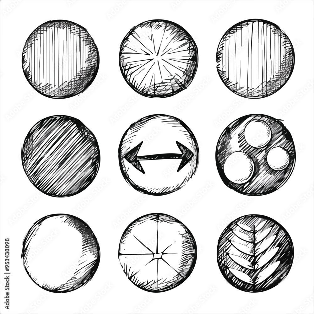 Poster hand drawn charcoal doodle circles set nine unique scribble shapes for graphic design elements abstr