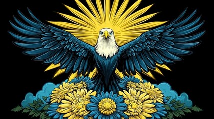 Fototapeta premium Blue-yellow bird on yellow-blue flowers against black backdrop