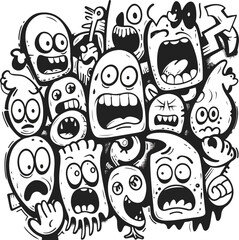 Charcoal Doodle Illustration of Funny Monsters in Perfect for T-shirt Poster Sticker and Merchandise Scary Spooky Halloween Cartoon Kawaii Chibi Style Cute Monster Design
