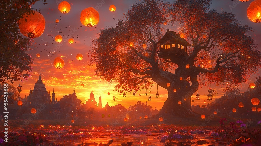 Poster a treehouse in a field, lit by floating lanterns during sunset