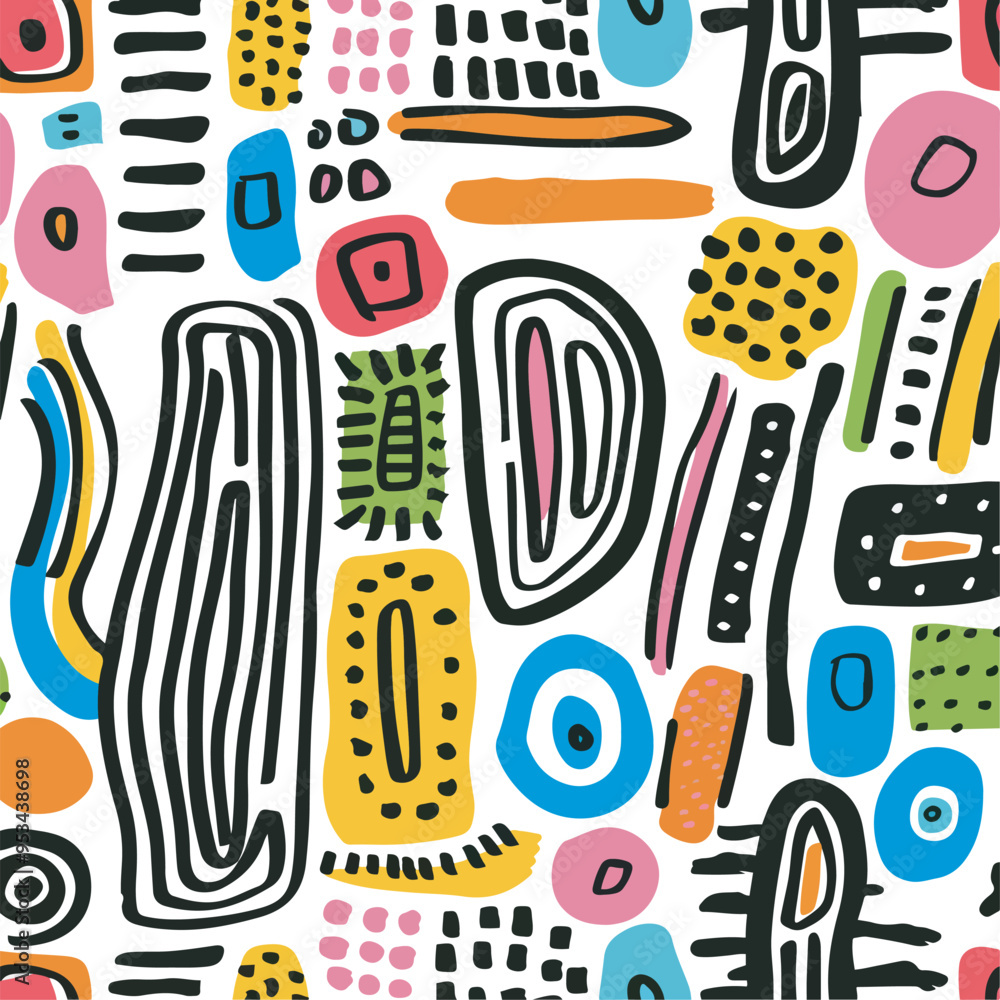 Poster charcoal doodle scribble abstract seamless pattern diverse hand drawn shapes textures brush strokes 