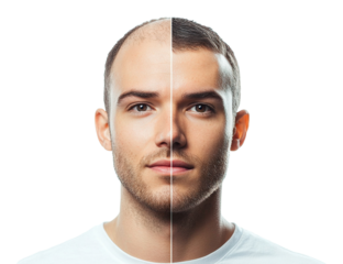 Man showing hair loss and restored hair side by side, cut out
