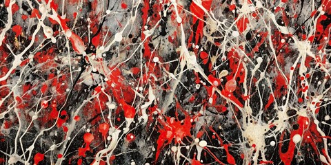 Bird's eye view abstract expressionism pattern style of drip painting in black, red, and white paint