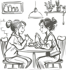 Hand drawn illustration of two friends enjoying lunch together at a cafe showcasing a restaurant interior with a charcoal doodle scribble emphasizing friendship and dining experience.