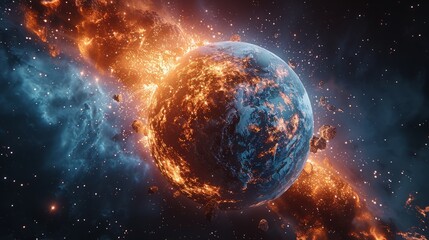 Fototapeta premium A vivid display of a planet consumed by flames amidst a backdrop of cosmic chaos, with asteroids and fiery clouds highlighting the explosive force of the universe