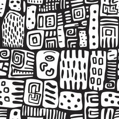 Charcoal Doodle Scribble Seamless Pattern Abstract Monochrome Geometric Shapes Ideal for Graphic Design Primitive Ethnic Style Ornament Textile Wrapping Paper Wallpaper Fabric Print
