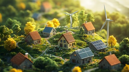 3D cartoon animation of renewable energy empowering rural villages with wind turbines and solar panels