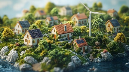 3D cartoon animation of renewable energy empowering rural villages with wind turbines and solar panels