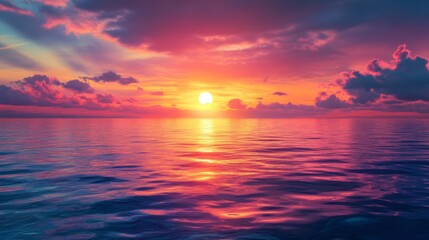 Fototapeta premium Wide shot of a breathtaking sunset over the ocean, with the sun dipping below the horizon and vibrant orange and pink hues reflecting on the water.