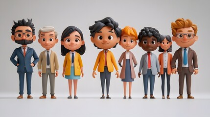 3D cartoon animation render of professionals in office attire, isolated on white background