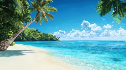 Tropical beach with palm trees and turquoise water on a sunny day, perfect for relaxation and vacation.