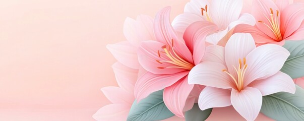 Fototapeta premium pink flowers with white spots on them. The flowers are in a vase and are surrounded by green leaves. The image has a soft and delicate feel to it, with the pink flowers being the main focus