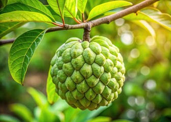 Vibrant green annona fruit, also known as custard apple, hangs from a tree branch, its bumpy skin glistening with dew in the morning light.