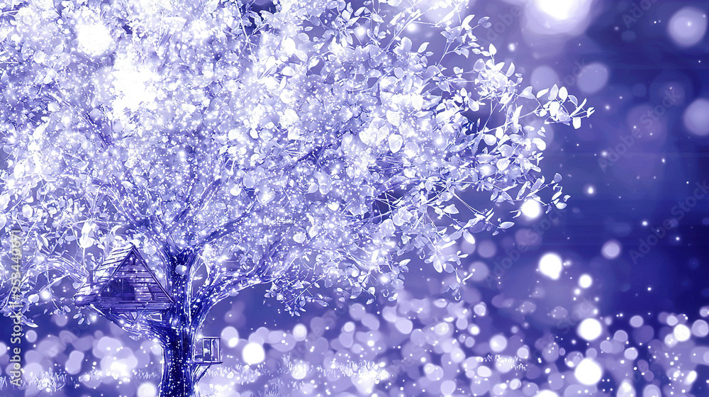 Poster a sharp image of a tree with a street sign in the foreground and snowflakes in the backdrop