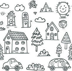 Charcoal doodle cityscape seamless pattern whimsical buildings trees cars clouds and sun in a childlike illustration style perfect for s textiles packaging and digital projects