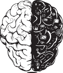 Charcoal doodle illustration of a human brain in depicting the contrast between logic and creativity highlighting left and right brain thinking for educational and psychological concepts