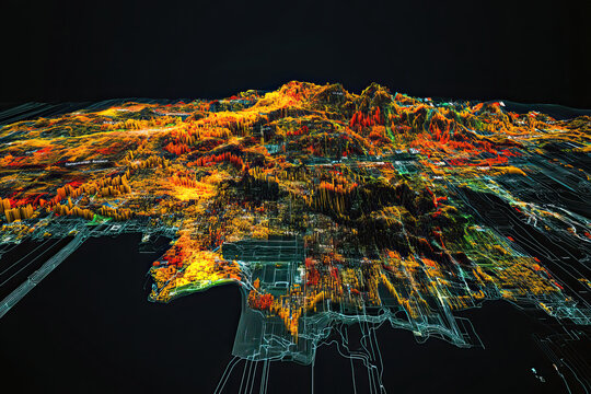 Technical aerial visual, 3D LiDAR GIS aerial map satellite scan model isolated, showing Dagupan, Philippines. Elevation, topography, render