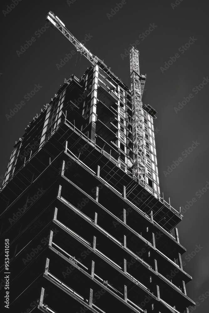 Poster a black and white photo of a building in the process of being built, with scaffolding and workers vi