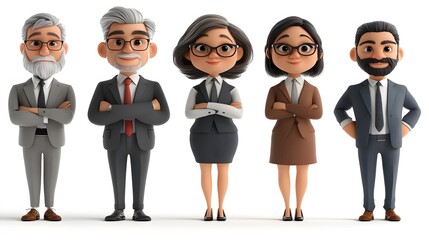 3D cartoon render of professional office workers in formal attire, isolated on a white background