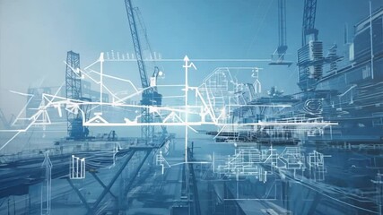 Offshore Operations: A panoramic view of an offshore oil rig with superimposed charts and graphs, depicting the complex data analysis involved in the energy industry. 