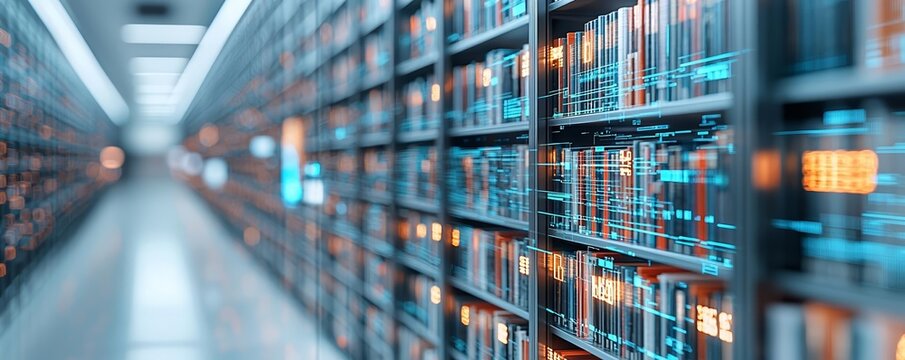 A futuristic digital library with bookshelves stretching into a glowing virtual landscape, representing the vastness of online knowledge
