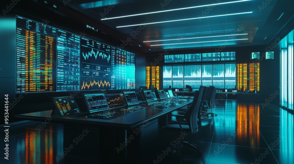 Aufkleber wide shot of a digital display in a trading room with live gold price charts and market data, captur