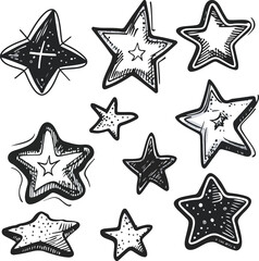 Obraz premium Hand drawn charcoal doodle set celestial illustrations of stars and night sky elements in sketch style perfect for cosmic design themes and creative projects