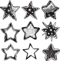 Hand drawn charcoal doodle stars icon set nine unique designs ideal for creative projects rating ranking quality and feedback concepts in line art on a white