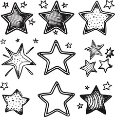 Hand drawn charcoal doodle stars set various sketch style illustrations in perfect for representing positive reviews success symbols and creative design elements