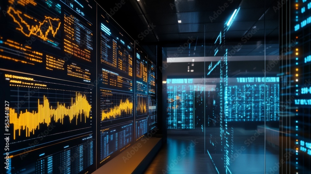 Poster wide shot of a digital display in a trading room with live gold price charts and market data, captur