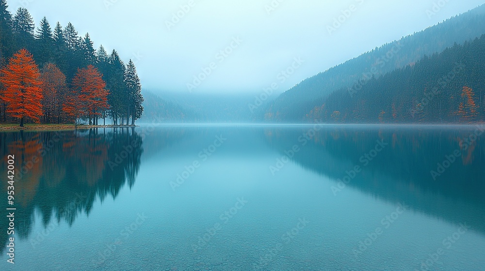 Poster a lake surrounded by trees with orange foliage in the foreground and a hazy sky in the background