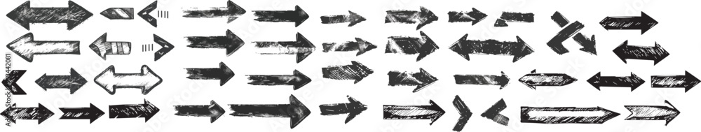 Poster charcoal doodle scribble hand drawn arrows set direction sketch graphic design element navigation po