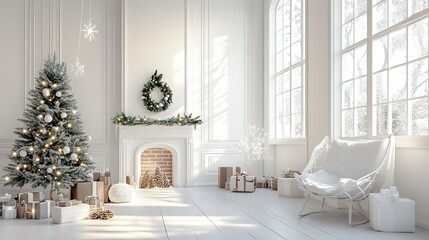 Stylish Christmas scandinavian minimalistic interior with white decor.