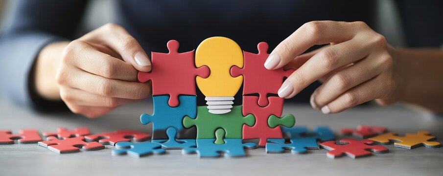 Hands joining puzzle pieces to create a light bulb, representing collaboration, bright ideas, and business innovation