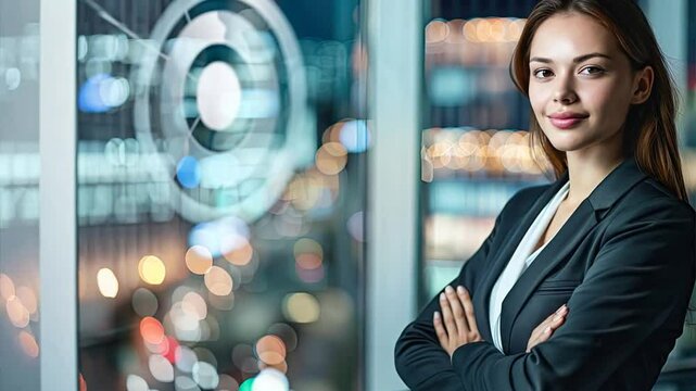 Confident Businesswoman: A young woman in a business suit stands confidently in front of a window with a city lights backdrop, radiating professionalism and ambition. She exudes success, determination