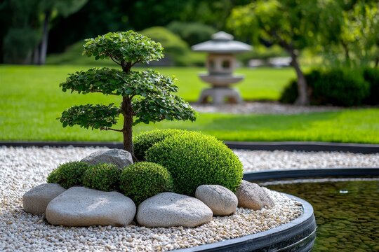 Tranquil Japanese garden with serene pond, Zen calm, meditative beauty, harmonious sanctuary, pencil sketch, high-quality, realistic :: bonsai trees, stone lanterns, raked gravel, tranquility,