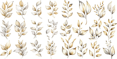 Charcoal Doodle Scribble Watercolor Floral Illustration Set in Gold Beige Ivory with Neutral Color Palette Leaves and Stems for Boho Wedding Invitations and Graphic Design Elements © Graphic Dude