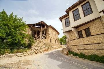 view of  ottoman period historical old buildings in the street , marash, turkey 