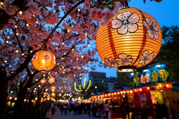 Vibrant cherry blossom festival with blooming trees, festive atmosphere, seasonal celebration, joyful energy, pencil illustration, high-quality, realistic :: traditional performances, food stalls,