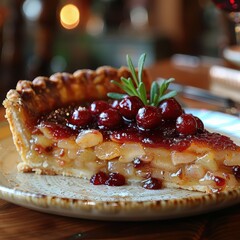 Delicious slice of apple pie topped with rich cranberry sauce and a sprig of rosemary, served on a rustic plate.