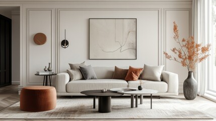 Wide shot of a modern living room with stylish furniture, a cozy sofa, and a coffee table, set against a light-colored wall with decorative elements.