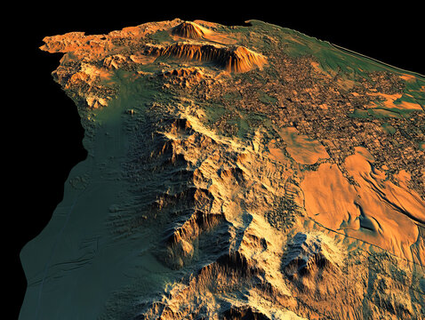 Technical aerial visual, 3D LiDAR GIS aerial map satellite scan model isolated, showing Dawei, Myanmar. Elevation, topography, render