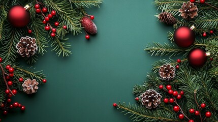 Christmas branches and decorations on warm green background