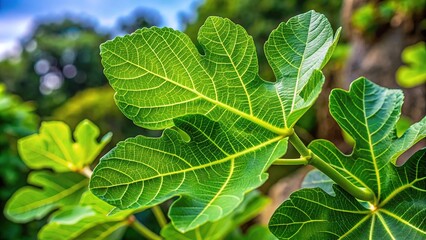 Vibrant green larger-toothed wild fig leaves with serrated edges and prominent veins thrive on a sturdy branch against a softly blurred natural background.
